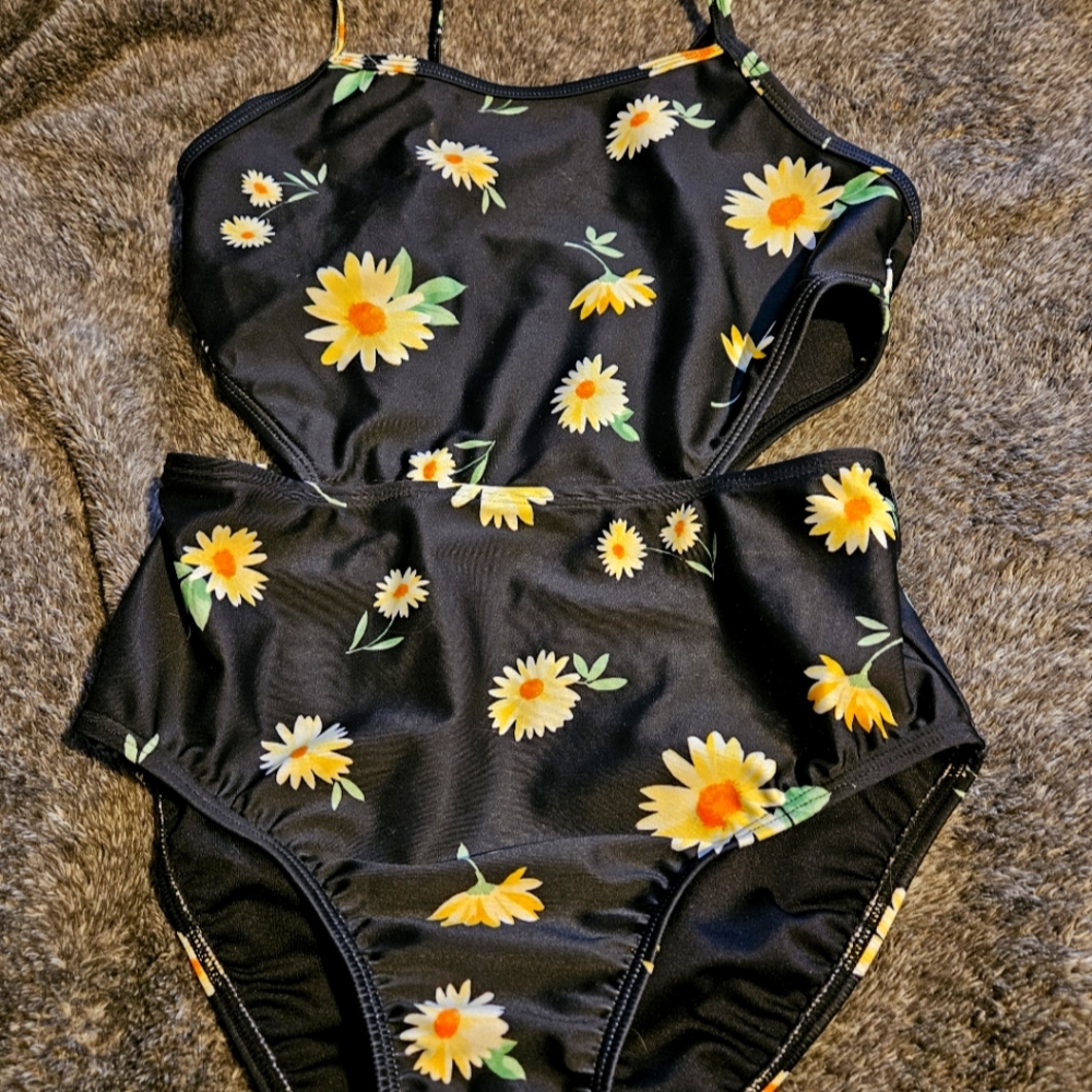 Black Swimsuit with Yellow Floral Design